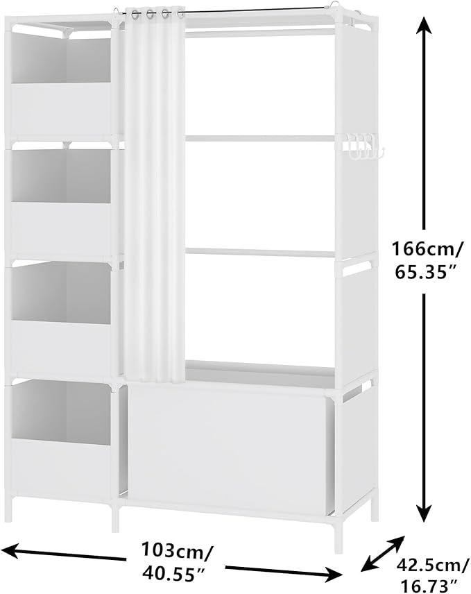 MOYIPIN Portable Closet，Free Standing Wardrobe Closet with Hanging Rod and Curtain，Clothes Storage Organizer, for Cloakroom, Bedroom，40.55 x 16.73 x 65.35Inches，White
