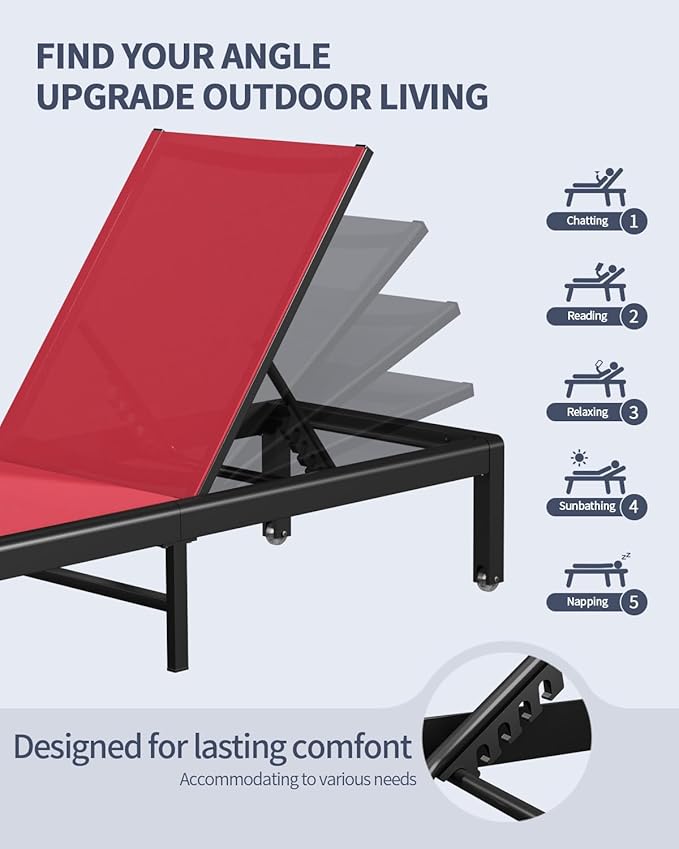 Aluminum Lounge Chairs Outdoor Chaise Furniture,2 Sets Patio Metal Deck Lounger Adjustable 5-Position Poolside Chase Recliner with Wheels for Beach,Coffee Table, (Red, 1 Chair)