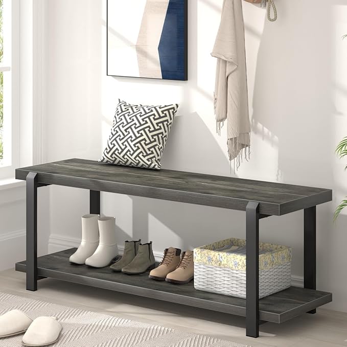 EXCEFUR Industrial Entryway Bench with Storage, Rustic Wood and Metal Shoe Rack Bench Seat, 47 Inch Grey