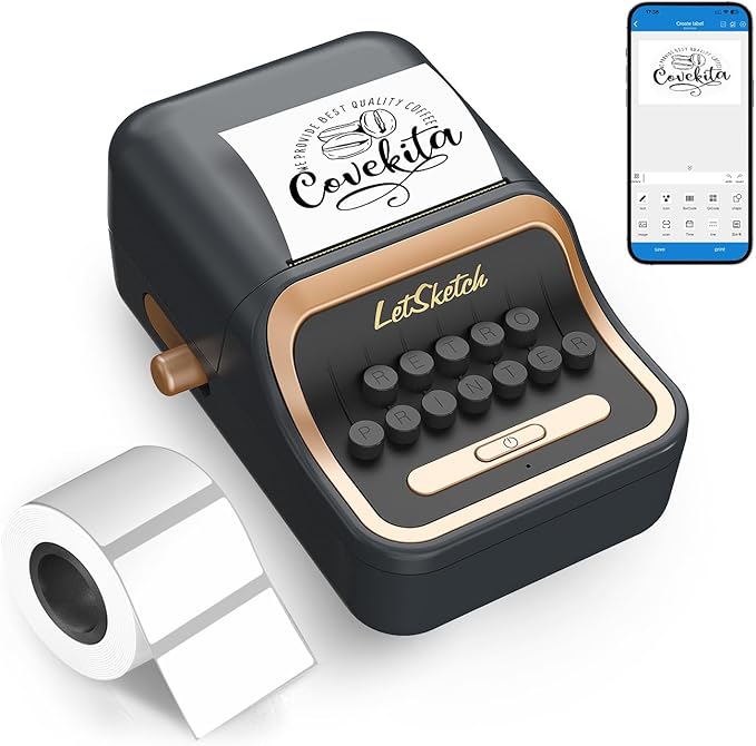 Wireless Mini Retro Label Maker Machine with Tape,Bluetooth Portable Thermal Sticker Printer for Phone,Small Business, Address, Logo, Qr Code, Food,Home, Kitchen,with 50×30mm Label(Black)