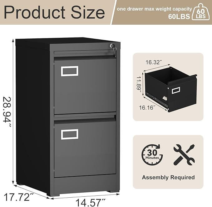 2 Drawer File Cabinet with Lock, Black Metal File Cabinets for Home Office, Under Desk Small Filing Cabinet, Vertical File Cabinet for A4/F4/Letter/Legal