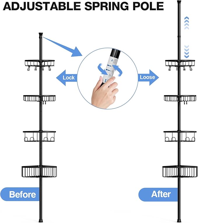 Corner Shower Caddy Tension Pole: Stainless Steel Rustproof 4-Tier Shower Organizer - 47-121 inch Adjustable Bathroom Shelves for Bathtub Shampoo Storage - Tension Rod Floor Standing Bath Rack - Black
