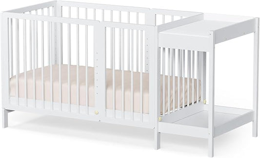 JOYMOR 8 in 1 Convertible Crib with Changer, Include 2” Mattress, Converts to Bassinet, Mid Crib, Full Size Crib, Daybed,Toddler Bed and Playard (Crib with Changer, White)