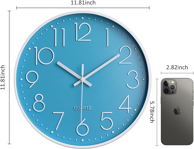 Lake Blue Vintage Style Non-Ticking Wall Clock, Battery Operated Quartz Analog Silent Movement, Large Decorative 12 Inch Clock with Arabic Numerals