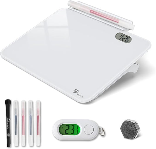 Small Glass Desk Whiteboard Dry-Erase Board with Clock, Small Travel Clock Keychain with Desk Notepad, Time Table Whiteboard for Desk Digital LED Light Display, 8x6 in with Accessories, White