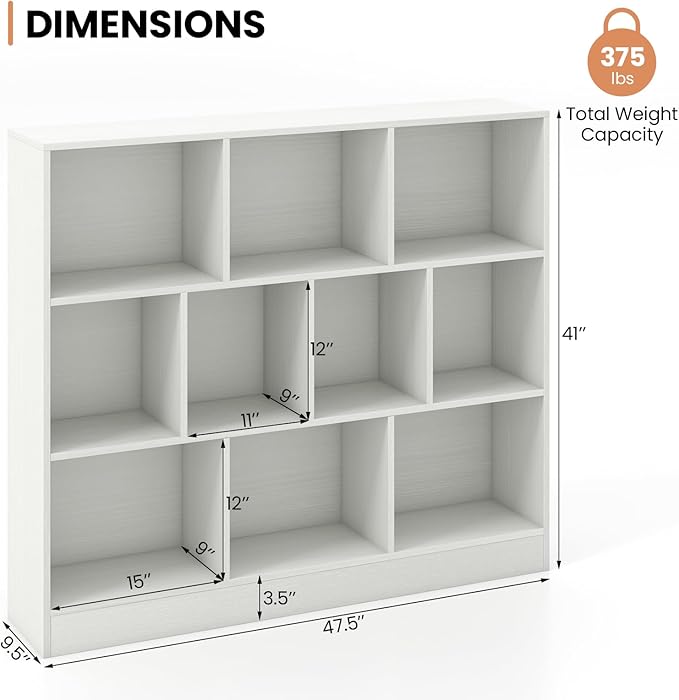 Costzon Wooden Toy Storage Organizer, 10-Cube Kids Bookshelf w/ 2 Anti-Toppling Kits, 3 Tier Open Shelves & Non-Slip Foot Pads, Book Shelf for Kids Rooms, Playroom, Classroom, Nursery (White)