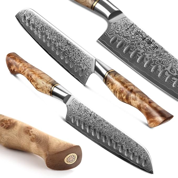 HEZHEN 7” Santoku knife, Damascus Steel Chef Knife, Asian Kitchen Knife Japanese Style, Figured Sycamore Wood Handle