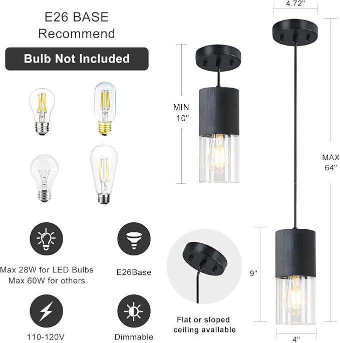 Black Pendant Light Fixtures, Adjustable Modern Pendant Lights for Kitchen Island, Industrial Clear Glass Pendant Lights for Dining Table Hallway Bedroom Living Room, 1 Pack