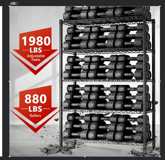 REIBII 76''H Wire Shelving Loads 1980LBS with 25mm Pipe Diameter,Storage Shelves with Wheels Metal Shelves for Storage, 5 Tier Adjustable Garage Shelving Heavy Duty Storage Rack,76''HX36''WX16''D