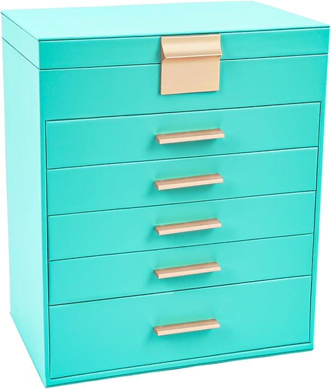 BOOVO Jewelry Box with Necklace Hanger – 6 layer Jewelry Organizer for Women with 5 Drawers, Large Jewelry Storage Boxes –Jewelry Organizers and Storage for Earrings, Necklaces (Turquoise, 6 layer)