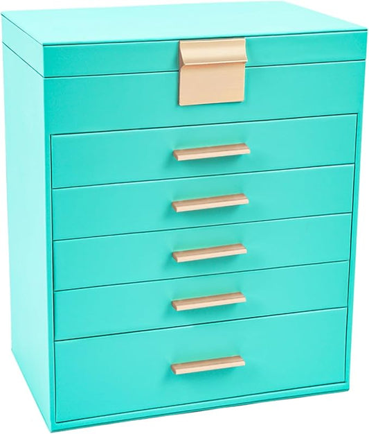 BOOVO Jewelry Box with Necklace Hanger – 6 layer Jewelry Organizer for Women with 5 Drawers, Large Jewelry Storage Boxes –Jewelry Organizers and Storage for Earrings, Necklaces (Turquoise, 6 layer)