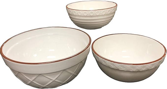 Omniware Vintage Bakeware Mixing Bowls, Set of 3 - Stoneware with Nesting Embossed Design, Lead-Free Glaze - Dishwasher Safe Tableware for Cooking, Baking, Food Prep (White)
