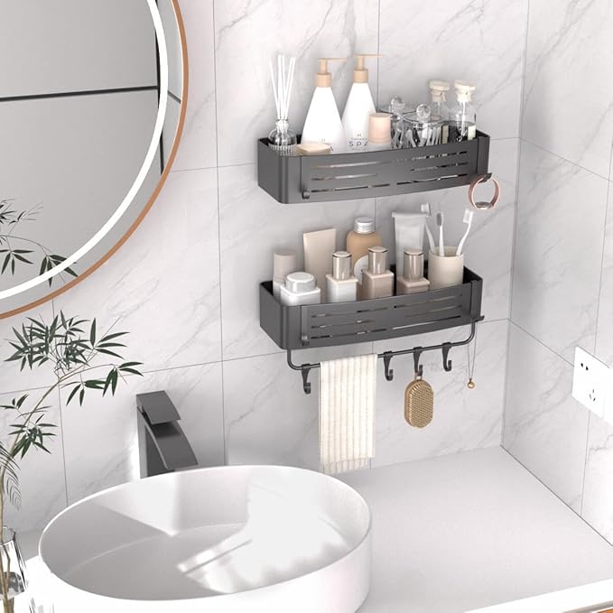 Onemake Shower Caddies Suction Cup, 2-Pack Removable Bathroom Shelf, Shower Organizer with 12 Portable Hooks, Shower Caddy Corner Waterproof Holder with Towel Bar, Gray
