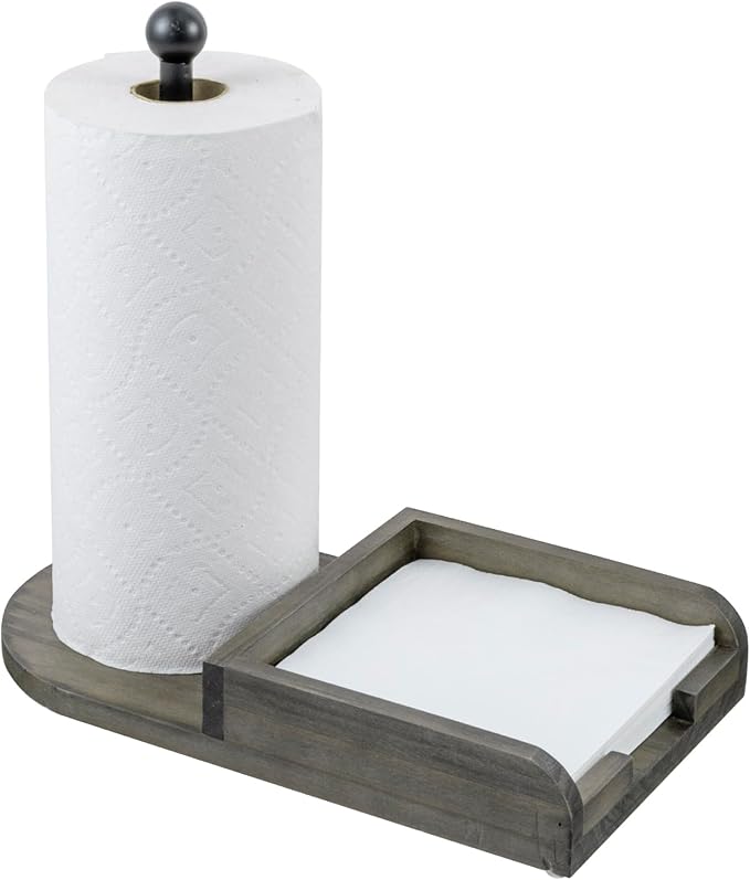 MyGift Vintage Weathered Gray Solid Wood and Black Metal Paper Towel Roll Holder and Napkin Dispenser Combination Storage Rack for Kitchen Counter or Dining Table