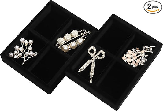 DesignSter Small Jewelry Tray-Ring Organizer 2PCS Premium Velvet Rings Earrings Display Tray Storage Insert Holder for Jewelry Box, Drawer, Dresser (4 Grids, Black)
