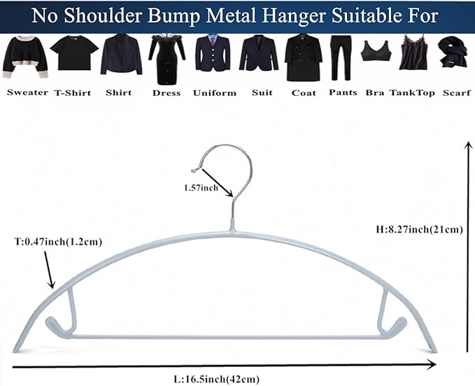 16.5 Inch Silver No Shoulder Bumps No Mark Non-Slip Rubber Coated Contour Metal No Bumps Hanger, Sweater Hanger, T-Shirt Hanger Suit Hanger with Pants Bar Pack of 10 (Silver, 10)