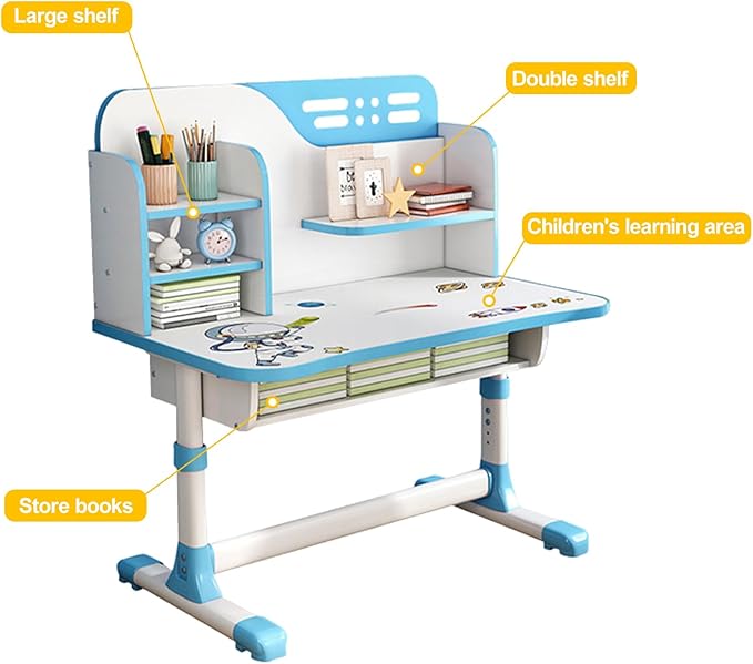 Study Desk with Chair, Height Adjustable Kids Desk and Chair Set, Widened Children Desktop, Children Learning Desk and Chai Set with Spacious Storage Drawer for Boys Girls (Blue-C)