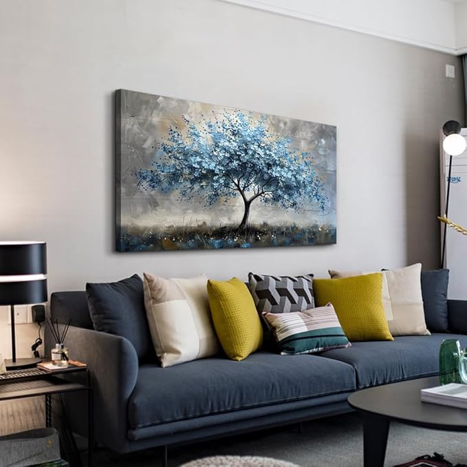 MHARTK66 Farmhouse Wall Art For Living Room Canvas Wall Decor For Bedroom Blue Tree Landscape Wall Pictures Artwork Large Stretched and Framed Canvas Paintings Ready to Hang for Office Home Decor
