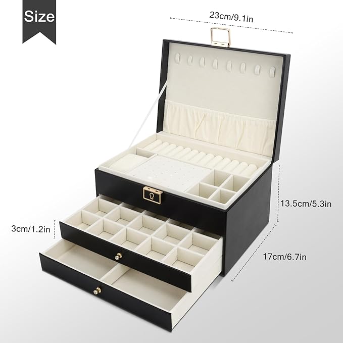 DesignSter Jewelry Box,Jewelry Organizer with 2 Drawers, 3 Layers Leather Jewelry Storage Box with Lock, Jewelry Storage Case for Necklaces Earrings Bracelets and Rings（Black）