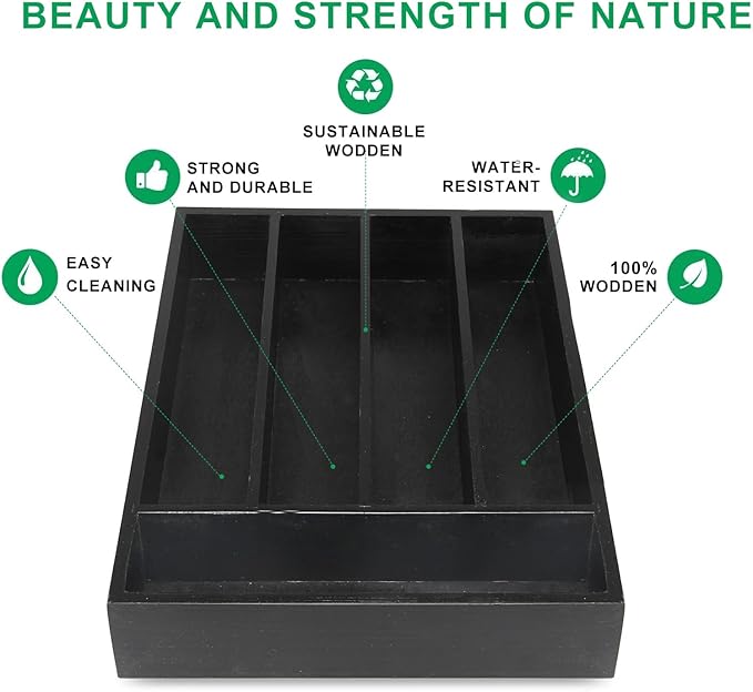 Ayiaren Small Wooden Silverware Organizer Tray Narrow Kitchen Drawer Dividers Utensil Organizers and Storage Black Cutlery Trays Spoon Flatware Organizer for Drawer Bamboo Cutlery Utensil Holder Tray