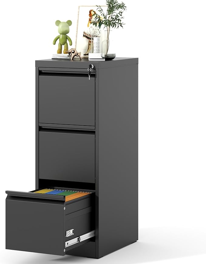 File Cabinet, Vertical File Cabinets with Lock for Home Office,Heavy Duty Office Steel Filing Cabinet for Hanging Letters/Legal/A4, Assembly Required (Black, 3 Drawers-New)