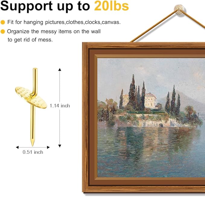 60pcs Picture Hangers, 20lbs Picture Hanging Hooks, Iron Alloy Nail Hooks, Professional Plaster Picture Hanging Kit on Wooden/Drywall Hanging Hardware for Clock,Mirror,Jewelry Golden