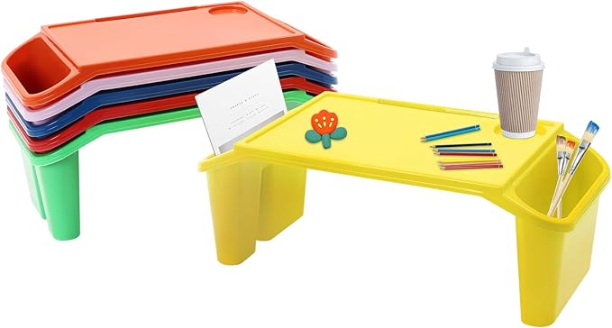 6 Pcs Kids Lap Desk Tray, Plastic Breakfast Lap Desk Trays with Side Pockets and Slot, Portable Lap Table Snack Tray for Eating, Writing, Drawing, Game, 19.69" L x 9.84" W x 7.1" H (6 Colors)