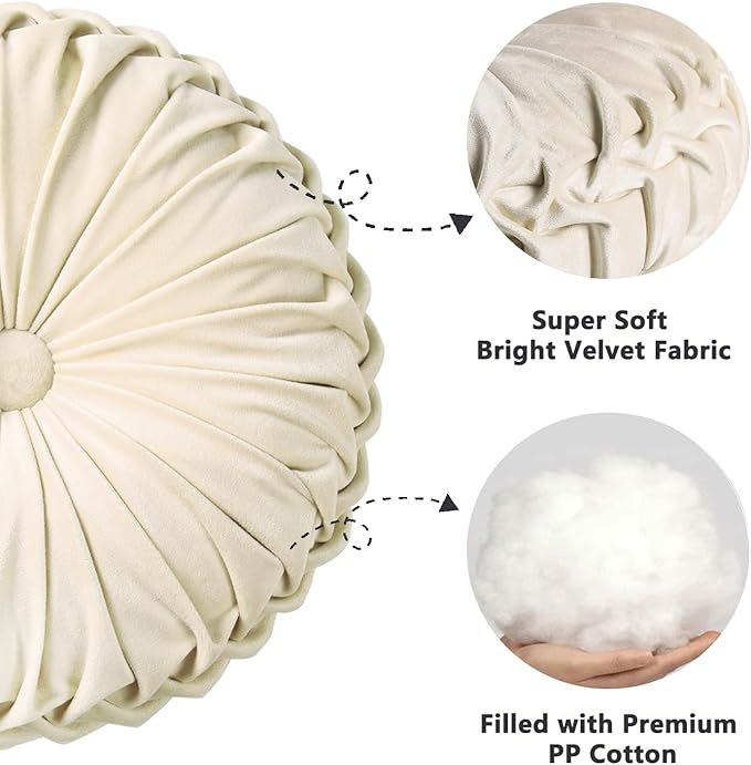 HIG Set of 2 Decorative Round Pleated Throw Pillows,Classy Accent Pumpkin Throw Pillows with Center Button,Vintage Velvet Floor Pillows for Sofa Vanity Chair Bed, Beige,14.6" Diameter(Ripple)