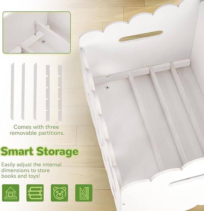 Liitrton Wood Kids Bookshelf for Kids Rooms, Toddler Montessori Bookshelf with 3 Adjustable Dividers, Small Kid Bookcase for Nursery Book Toy Storage (White)