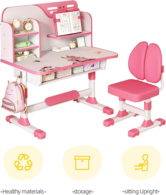 Kids Desk and Chair Set, Height Adjustable Kids Study Table and Chair Set, Children School Desk with Storage Drawer and Book Stand, Ergonomic Child Toddler Deskwith Sitting Posture Corrector (Pink 3)