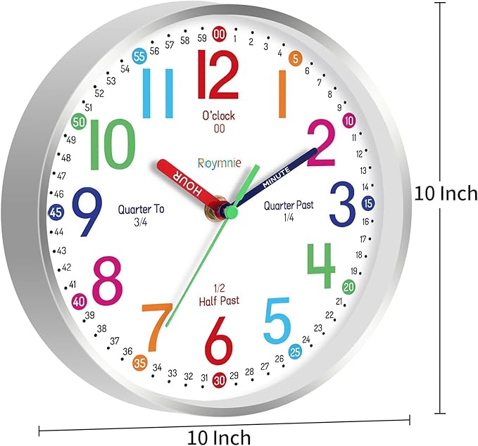Wall Clock for Kids Learning Easily Kids Teaching Clock Silent Non Ticking Battery Operated Colorful Teaching Time Clock Decorative for Kids Room Classroom School (10 Inch)