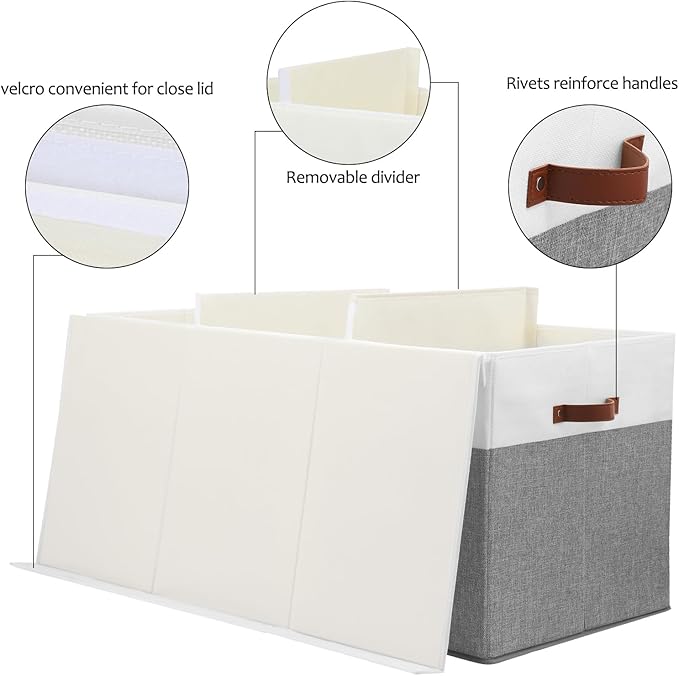 Extra Large Toy Storage Box with Lid, Sturdy Toys Storage Chest Bin Organizer Basket with Dividers for Kids, Boys, Girls, Nursery, Closet, Bedroom, Playroom 35.5"x17" x17"(Grey and White)