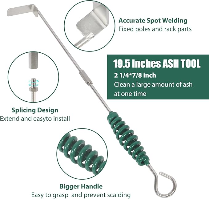 Grill Grate Lifter Gripper and Ash Tool Set for M/L Big Green Color Egg,Stainless Steel BBQ Ash Tool Poker and Ash Pan for Kamado Joe Classic
