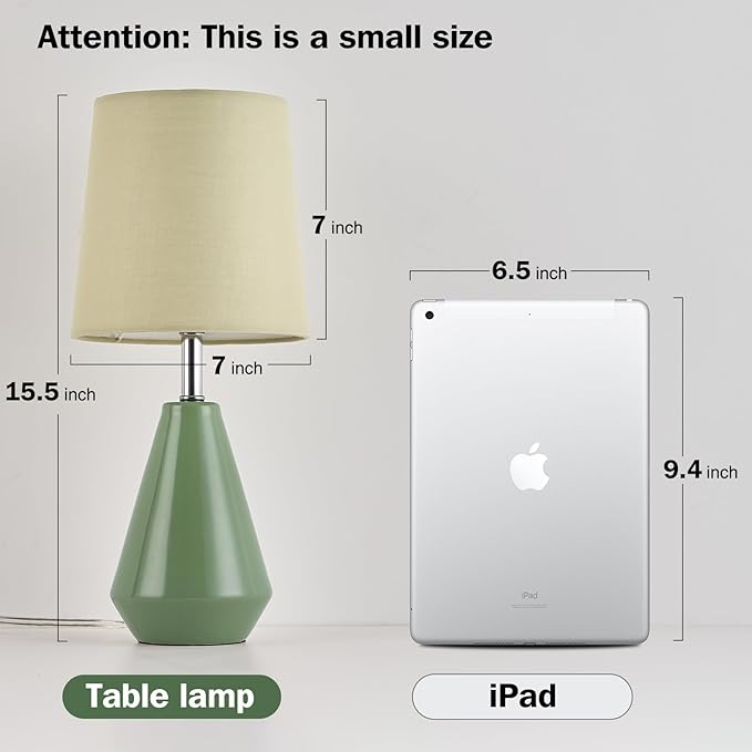 Small Bedside Table Lamp for Bedroom - Reading Desk Lamp with 3 Color Temperatures，15.5" Nightstand Ceramic Lamp with Fabric Shade for Kids Room,Living Room,Dorm,Home Office (Green)