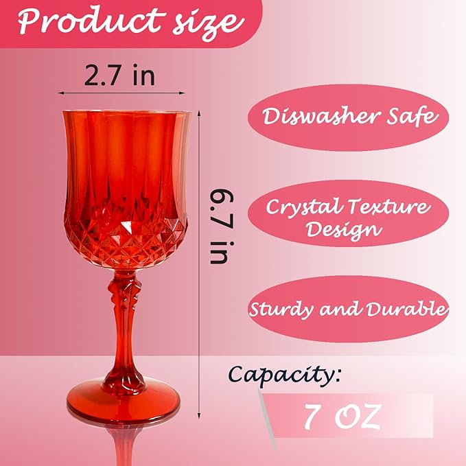 Plastic Wine Glasses，Plastic Goblets Vintage Style Cordial Drinking Glasses for Wedding Reception, Grand Event Party Supplies (12, Red)