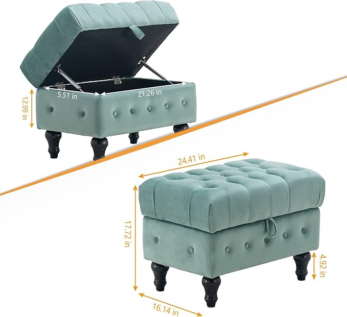 Artechworks Rectangular Storage Coffee Table Ottoman,Button Tufted Velet Upholstery Footstool Bedroom Ottoman for Living Room, Home Office, Space-Saving Storage Toy Box Stool, Light Blue