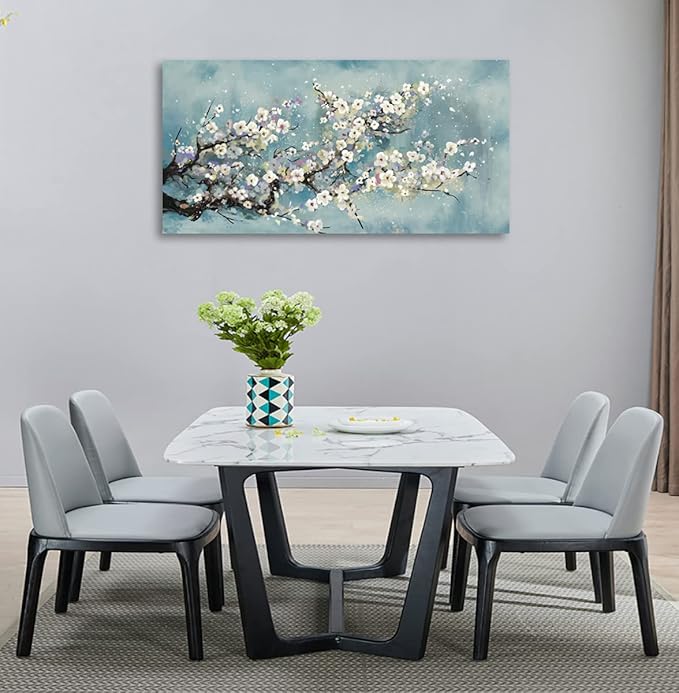 Flowers Wall Art Plum Blossom Canvas Art Botanical Floral Canvas Pictures Grey Blue Canvas Artwork for Bedroom Living Room Bathroom Kitchen Office Home Wall Decor Framed Ready to Hang 24" x 48"