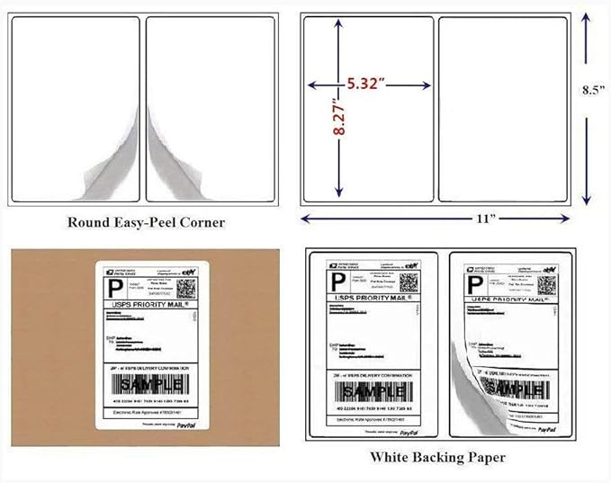 BESTEASY 200 Round Corner Half Sheet Self Adhesive Shipping Labels for Laser and Ink Jet Printers, White Blank (100 Sheets, 200 Labels)
