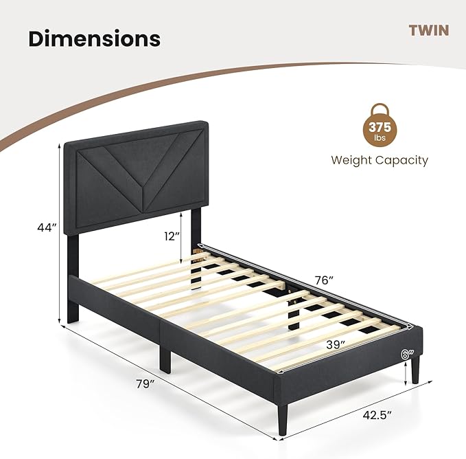 Giantex Twin Bed Frames with Headboard, Modern Upholstered Platform Bed Frame with Diagonal Channel Tufting Headboard, Wooden Slats Support, No Box Spring Needed, Gray