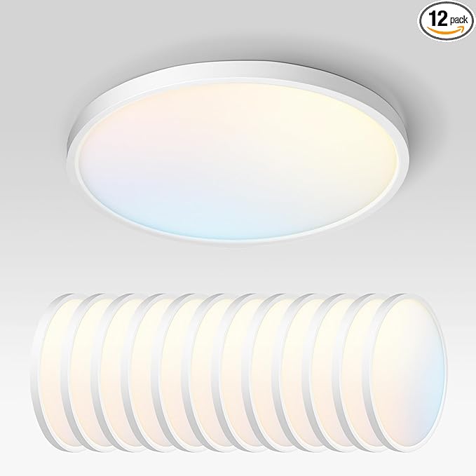ASD LED 12" Round Flush Mount Ceiling Light Fixture, Low Profile Surface Lighting | 5CCT, Dimmable, Ultra-Thin, ETL Listed | 24W 2000LM 2700-6000K 100-277V | Kitchen, Hallway Lamp | White, 12 Pack