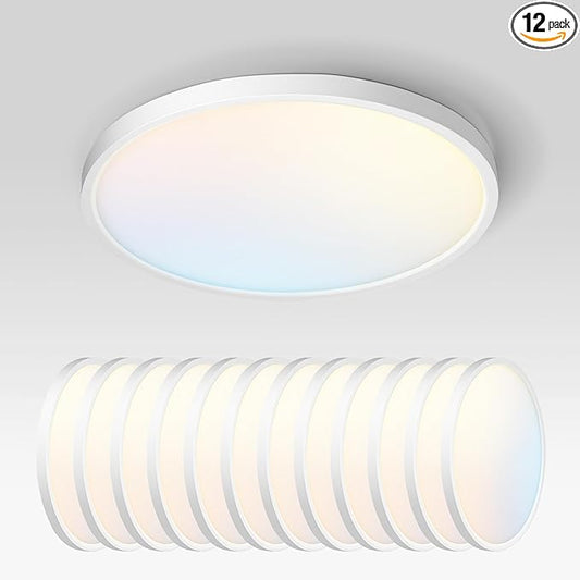 ASD LED 12" Round Flush Mount Ceiling Light Fixture, Low Profile Surface Lighting | 5CCT, Dimmable, Ultra-Thin, ETL Listed | 24W 2000LM 2700-6000K 100-277V | Kitchen, Hallway Lamp | White, 12 Pack