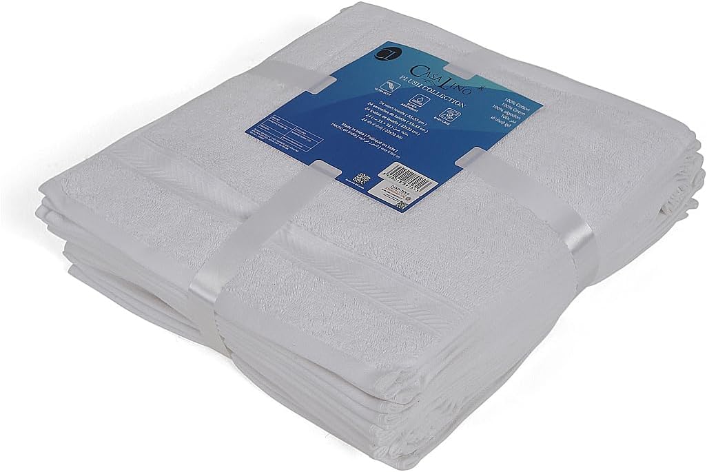 Casa Lino Face Towels & Body Wash Cloths for Showering - 100% Cotton Wash Cloths for Bathroom - Highly Absorbent & Quick Drying Washcloth Set - Cotton Washcloths 24 Pack (12" x 12") - (White)