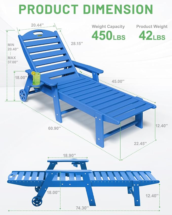 Lounge Chair Outdoor, Patio Chaise Lounge, HDPE 6-Position Outdoor Chaise Lounge, Patio Lounge Chair with Wheels & Cup Holder for Pool Poolside Deck Backyard, Navy Blue