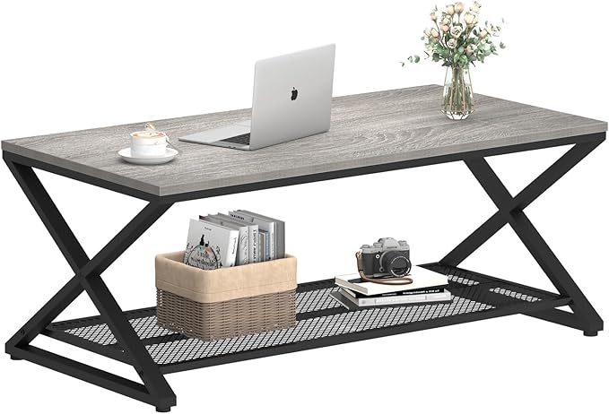 LVB Gray Coffee Table with Storage, Farmhouse Metal Wood 2 Tier Center Table for Living Room, Industrial Wooden Rectangular Concrete Tables with Mesh Shelf for Office Bedroom, 39 inch, Light Grey Oak