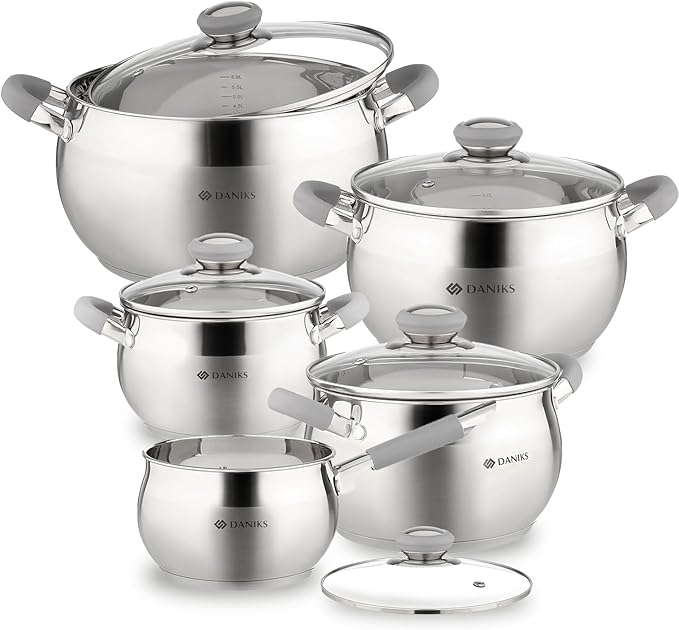 Daniks Modern 10-Piece Stainless Steel Induction Cookware Set – Dishwasher Safe Saucepan, Pots with Heatproof Handles, Glass Lids, Silver