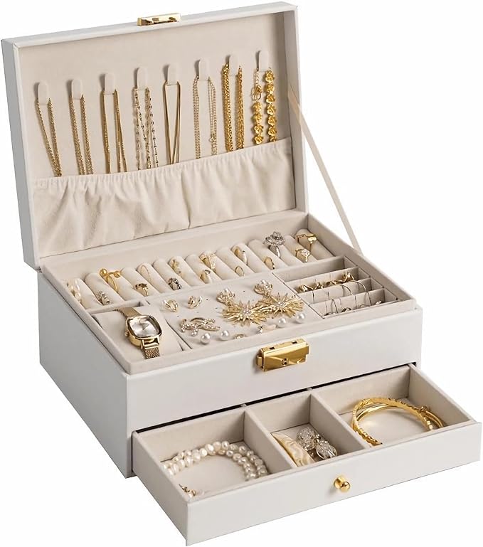Jewelry Box for Women Girl Wife - Large PU Leather Jewelry Organizer Storage Case with Two Layers Display for Earrings Bracelets Rings Watches (White)