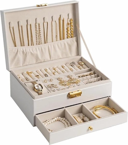 Jewelry Box for Women Girl Wife - Large PU Leather Jewelry Organizer Storage Case with Two Layers Display for Earrings Bracelets Rings Watches (White)