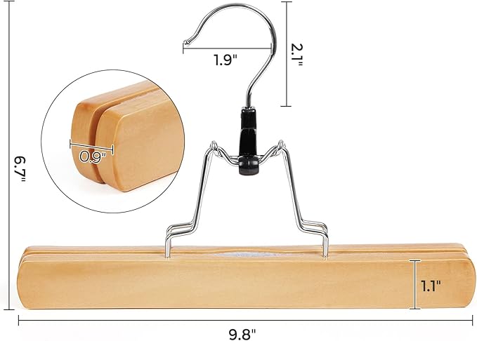SONGMICS 12 Pack Wooden Pants Hangers, Premium Solid Wood with Non-Slip Felt, Hold Pants Tightly, Smooth Finish Wood Skirt Hangers, with 360° Swivel Hook, Natural UCRW007-12