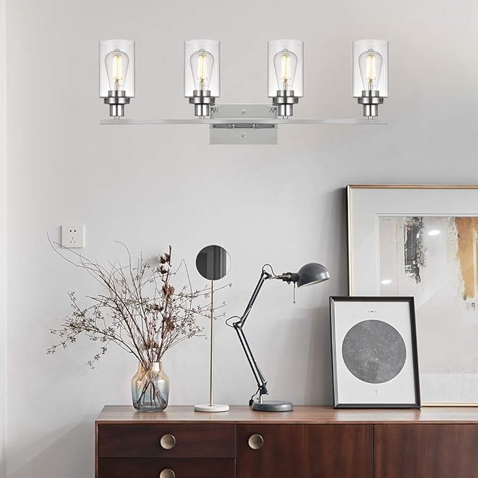 MELUCEE 4-Light Bathroom Lighting Fixtures with Clear Glass Shade Chrome Finish, Modern Vanity Light Wall Mount Lamp for Bedroom Dressing Table Mirror Cabinets Vanity Table (Patent No.: US D963914 S)