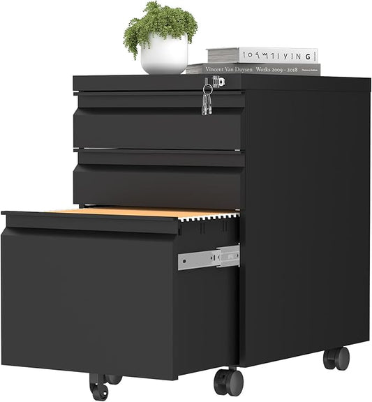 3 Drawer File Cabinet with Lock, Black Mobile File Cabinets for Home Office,Under Desk Small Filing Cabinet, Rolling File Cabinet for A4/Letter/Legal